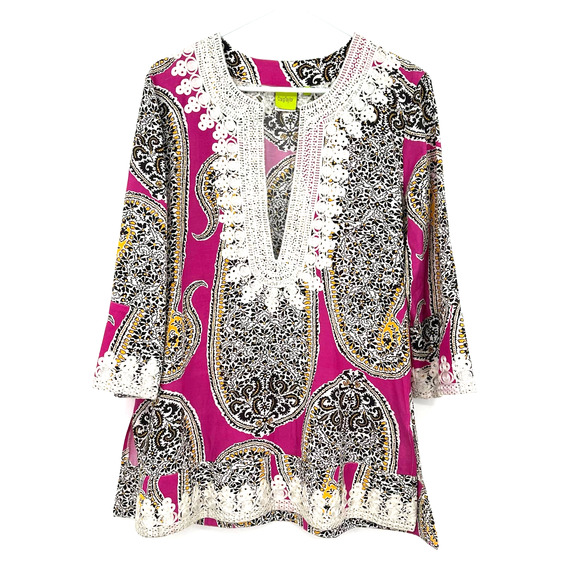 Craig Taylor size small Miss St. Barths Lily fit paisley print pink black yellow - Picture 1 of 7